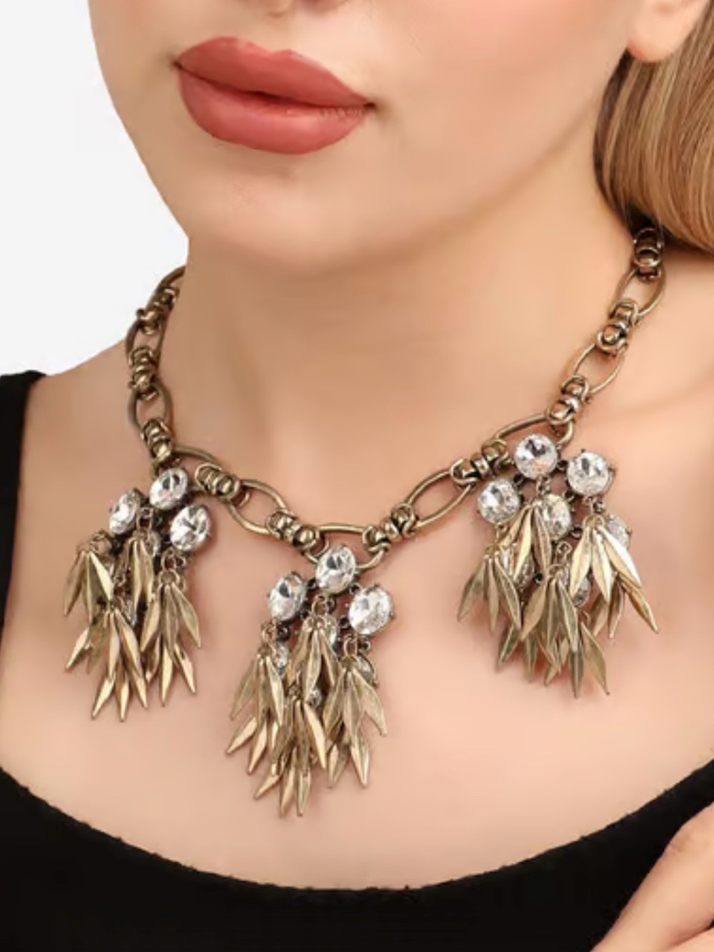 Vintage Statement J. Crew Necklace, Vintage Gold Tone w/Rhinetones 16" - 19" L